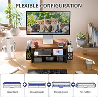Support d'écran à 2 niveaux en métal et bois, organisateur de bureau pour ordinateur avec tiroir et porte-stylo pour ordinateur portable et bureau