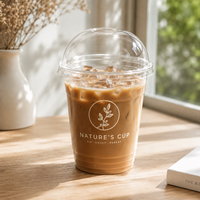 Gobelets à café en plastique PET de 98 mm, 16 oz, haute clarté, jetables, pour boissons froides et smoothies, avec couvercles en dôme, impression personnalisée
