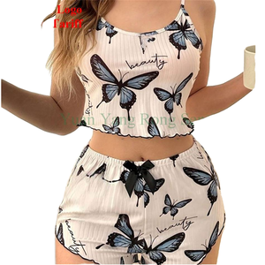 Ensemble de pyjama short à bretelles en satin sexy pour femme, imprimé papillon confortable pour la maison, l'été, l'extérieur, décontracté, motif lettres - Product Image 4