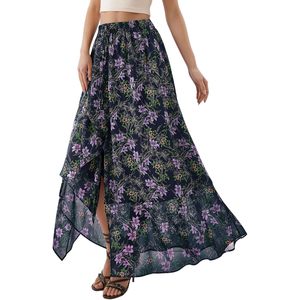 FOXA Maxi <b>Skirt</b> Women High Waist Floral Print Chiffon Flowy <b>Long</b> <b>Skirt</b> With Slit For Beach Vacation Travel <b>Summer</b> Wear - Product Image 3