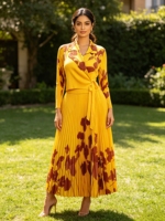 Nouvelle Robe de Soirée Plissée à Manches Longues Imprimé Floral Grande Taille pour Femmes, Style Élégant et Décontracté Miyaki