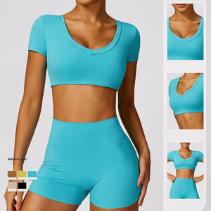 Conjunto de yoga deportivo para mujer, venta al por mayor, sexy, de malla hueca transpirable, pantalones de gimnasio de cintura alta con patrón sólido, ropa deportiva. - Product Image 3