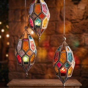 Faroles Marroquíes Portátiles Hechos a Mano de Latón y Vidrio, Lámpara Colgante Geométrica Colorida, Decoración Navideña para el Hogar DL-113 - Product Image 2