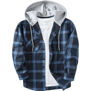 High Quality Factory Plus Size Casual Pocket Shirt Fashion Men's Plaid Hoodie Fleece Flannel Shirts Jackets