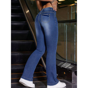 Mid-Rise Stretch Flared <b>Jeans</b> Blue High <b>Elasticity</b> Women's Street Fashionista Style Trousers - Product Image 5