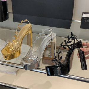 Sandalias de Plataforma Gruesa con Punta Abierta para Mujer, Tacones Altos y Gruesos con Decoración de Hojas, Sandalias de Verano con Tiras de PVC - Product Image 6