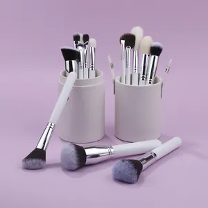 Fancy Design Glossy White Handle Silver 15pcs Customized Powder Foundation Eye Shadow Brow Liner Brushes Set Wholesale