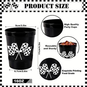 OEM 16oz Black and White Checkered Flag <b>Plastic</b> <b>Drinkware</b> Set with Straws for Kids Race Car Birthday Party Cups - Product Image 2