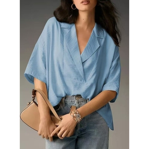 Blusa de Verano para Mujer, Nueva, de Manga Corta, con Solapa, Casual, Holgada, de Color Sólido, a la Moda - Product Image 5