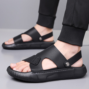 Men's Genuine Leather <b>Slides</b> Open Toe Rubber Sole Casual Summer Sandals - Product Image 4