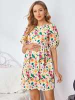 Vestido Floral con Mangas Abullonadas, Ropa de Embarazo, Camisones de Maternidad, Pijamas, Ropa de Maternidad Personalizada, Camisón Corto