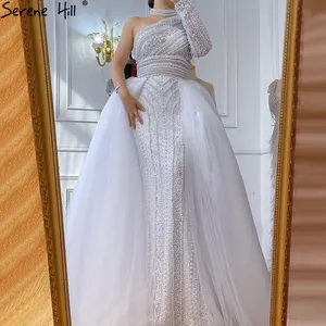 Vestido de noite branco com pérolas e gola alta, saia sereia serena para casamento e noivado, La70462