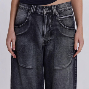 Señoras Casual Old Gradient Wing Print American Retro Loose Wide Leg Denim Desgastado Lavado Cintura media Temporada de verano Logotipo frontal - Product Image 4