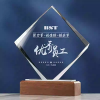 Trophée en cristal transparent de qualité supérieure avec base en bois naturel, plaque en cristal gravée sur mesure, trophée de reconnaissance des vainqueurs de compétition