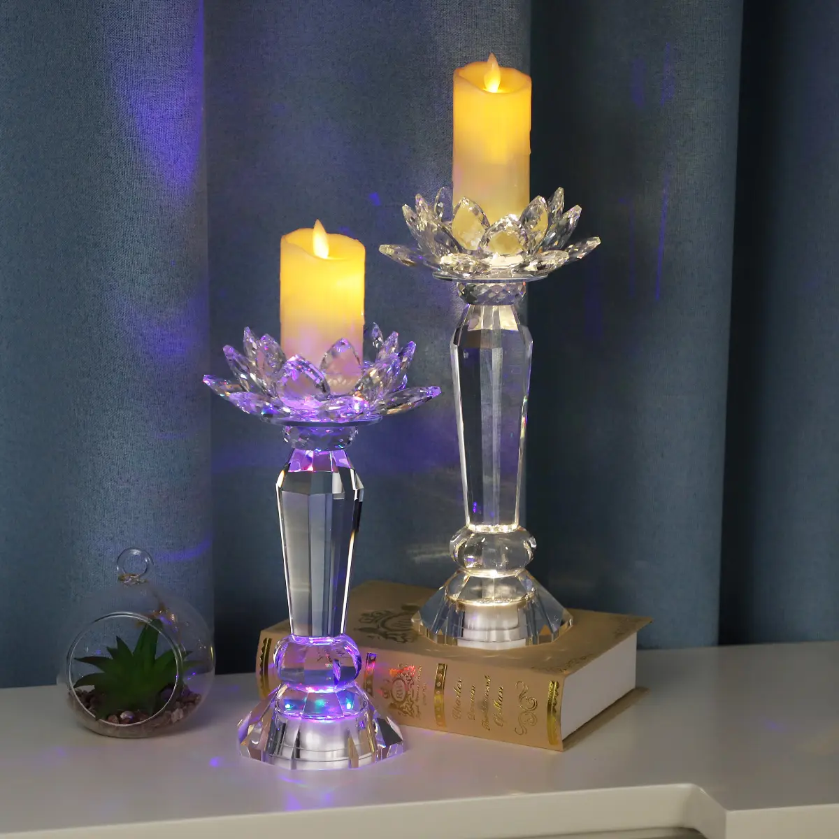 Conjunto de suporte de flores estilo nórdico, pilar afunilado de cristal transparente flor de lótus led vela de luxo tall shabbat