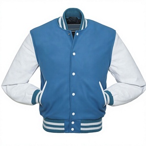Chaqueta Varsity Azul y Blanca con Mangas en Contraste y Botones a Presión al por Mayor – Chaqueta Universitaria Estilo Letterman con Logotipo Personalizado - Product Image 1