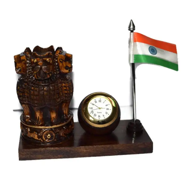 New Style Pen Stand Table Top Decoration Desk Organizers Wooden Pen Stand Ashok Pillar with Indian Flag and Clock for Office