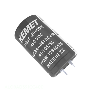 Condensador de canal del fabricante CAP ALUM 105C 390UF 400VDC de montaje a través de orificio (THT) 390 uF ALO8AD391CC400 - Product Image 1