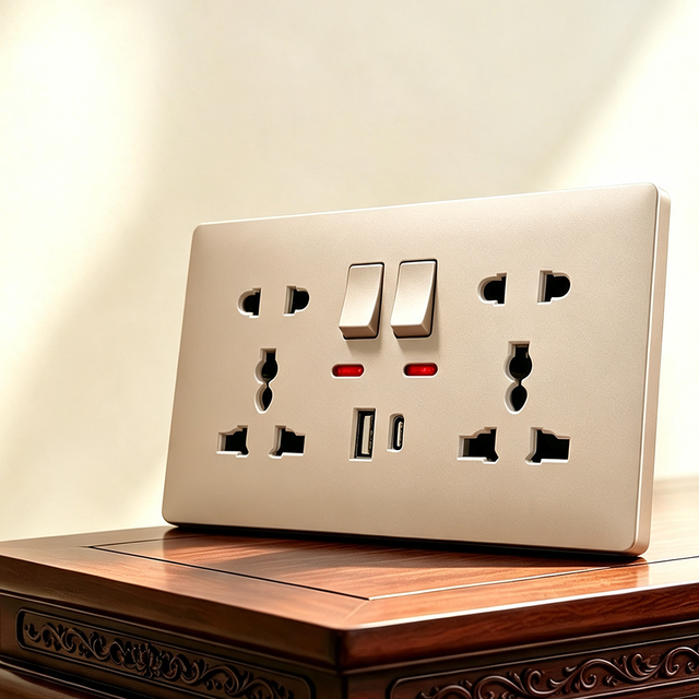 A6 B1 Bronze Contact Red Indicator A6 Series Dual 5Pin Universal Multi Hole Switched Wall Socket With USB Type C Port