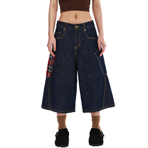 Shorts Vaqueros Anchos Vintage para <span class=keywords><strong>Mujer</strong></span>, Estilo Británico Retro, Pantalones de Siete Puntos Lavados con Bolsillos Cosidos con Cuadros Escoceses - Product Image 2