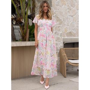 Vestido largo floral de verano para mujer, cuello en V, manga corta, de gasa, línea A, para dama de honor, invitada de boda en la playa - Product Image 2