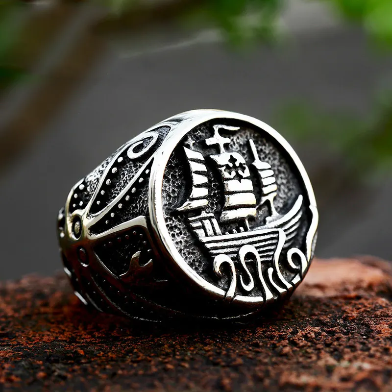 Hot Selling Octopus Piratenschip Titanium Stalen Sieraden Ring Rvs Retro