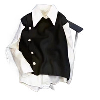 Ensemble 2 pièces pour femme : Chemise à col pointu et manches longues, Gilet en maille asymétrique à boutons perlés – Style Preppy pour le quotidien