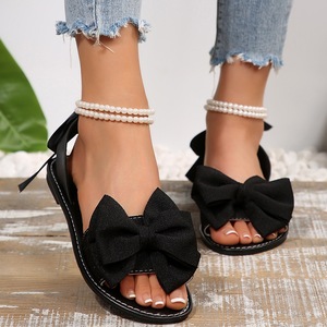 Sandalias Planas con Lazo Grande para Mujer, Doble Cadena de Perlas en el Tobillo, Punta Abierta, Cinta de Satén, Lazada en la Espalda, Sandalias de Playa de Verano - Product Image 4