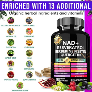 NAD+ Powder Capsules 90 Count Mineral Fusion Resveratrol Berberine Quercetin Turmeric Curcumin Black Pepper Grape nad Supplement - Product Image 2