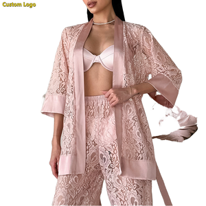 Fabricantes logotipo personalizado pijamas mujeres Sexy hueco Pijamas Color sólido Homewear cárdigan pantalones dos piezas encaje ropa de dormir conjunto - Product Image 1