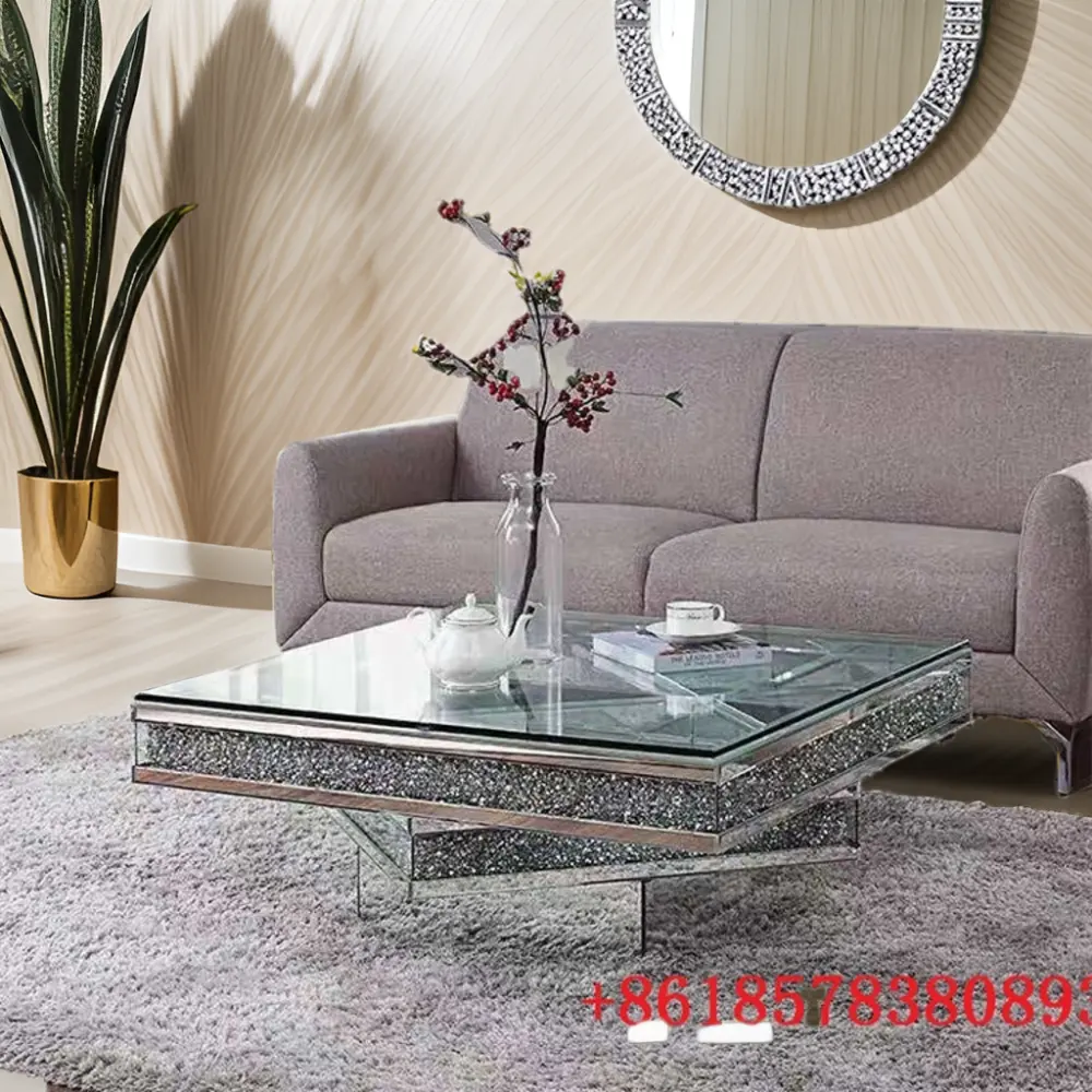 Mesa de centro con forma de diamante con incrustaciones de diamantes triturados muebles de sala de estar mesa de té fábrica al por mayor vidrio de lujo 1 pieza
