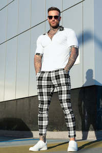 US Warehouse <span class=keywords><strong>Pantalon</strong></span> <span class=keywords><strong>chino</strong></span> slim stretch décontracté à carreaux noir et blanc pour hommes - Product Image 4