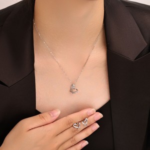 Ensemble de bijoux en cuivre en forme de cœur avec perles brillantes, boucles d'oreilles et collier, serti de pierres, pour un usage quotidien - Product Image 2