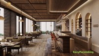 Conception graphique d'intérieur pour café lounge, concept de comptoir de bar moderne pour café, ensemble table et chaises en bois pour restaurant