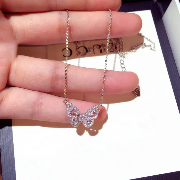 Women Elegant Gold Silver Plating Zinc Alloy Cubic Zirconia Crystal Rhinestone Stainless Steel Butterfly Necklaces Gold
