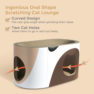 Moderne kattenplank van golfkarton met gebogen dak, dubbelwandig kattenhuis, krabpaal en kattenboom design. - Product Image 3