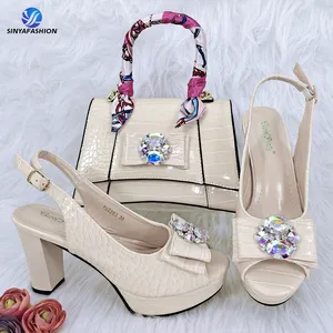 Beige color lady shoes bag set with stones beautiful Italian shoes bag set for women party high heel shoes to match bag set