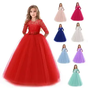 New Princess Lace Flower Embroidery Party Pageant Girls Dress For Kids Of 6-14 Years Wedding Clothing