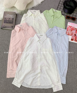 Camisa a Rayas de Manga Larga Básica para Mujer A757 en Tela Suave y Transpirable Tipo Seda con Cuello Camisero para Uso Casual de Primavera/Verano - Product Image 2