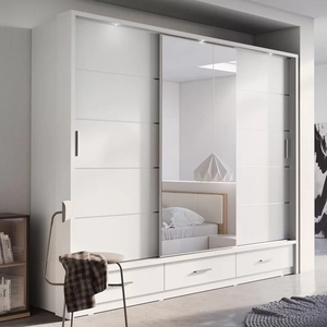 Armoire de chambre robuste avec portes coulissantes miroir, 2 rails suspendus, 6 étagères, 3 tiroirs et éclairage LED en aggloméré pour usage domestique - Product Image 6
