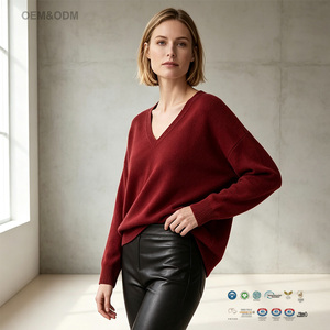 Suéter de Cachemira para Mujer, Cuello en V, Tejido de Punto Acanalado, Manga Larga, Hombros Caídos, Corte Holgado, Color Granate, Informal, para Invierno, Venta al Por Mayor OEM - Product Image 1