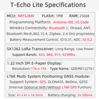 Carte de développement multi-technologies sans fil LILYGO T-Echo Lite NRF52840 avec LoRa ultra basse consommation, écran e-paper de 1,22 pouces et GNSS en option