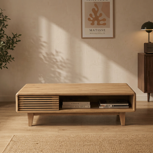 Mid Century Modern Farmhouse <b>Coffee</b> <b>Table</b> with Storage <b>Walnut</b> Wood Living Room Furniture Fluted Design - Product Image 1