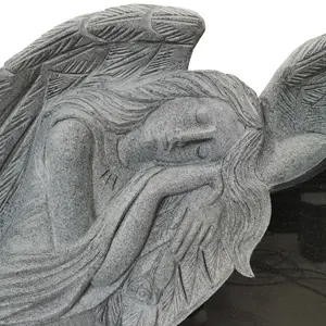 인도 블랙 화강암 골동품 조각 천사 날개 묘비 주head돌