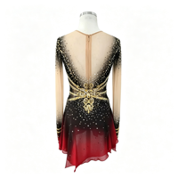 Robe de patinage artistique à manches longues en maille, dégradé noir et rouge, col en V, dos profondement ouvert, ornée de strass dorés, pour performance