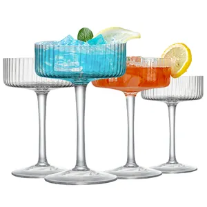 Unique Fluted Ribbed Coupe Champagne Glasses Set for Cocktails and Martinis Vintage Style Drinking Glasses