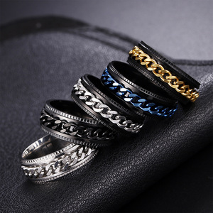 Anillo Giratorio de Acero Inoxidable 316L de 8MM, Anillo Unisex Antiestrés Negro/Azul/Plateado, Anillo Giratorio con Eslabones Cubanos Entrelazados/Cadena Doble - Product Image 3