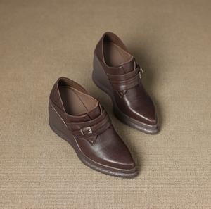 Pancake shaped bottom belt buckle one <b>heel</b> pointed-<b>toe</b> stylish all color leather shoes Mid Calf - Product Image 2