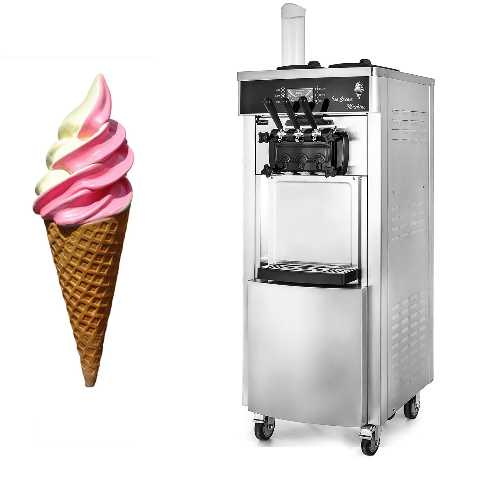 Machine À Crème Glacée Molle commerciale YKF-8228H Debout Sorbetière avec 2 + 1 saveurs et porte-cône 2200W