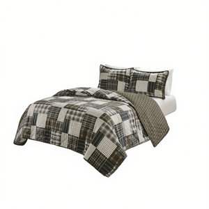 Ensemble de couette réversible 3 pièces, taille Queen, motif à carreaux, rembourrage en coton, literie patchwork pour usage hôtelier - Product Image 1